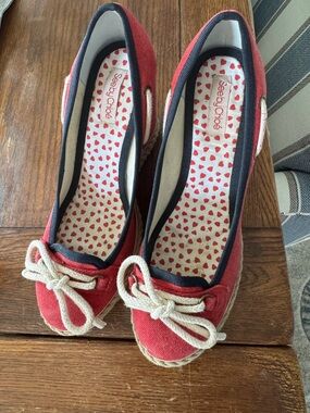 See By Chloe Red Canvas Espadrille Bow Flats with Heart Insole